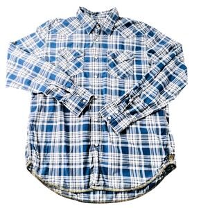 American Eagle‎ AE Men Blue Plaid Button Down Pearl Snap L Cowboy Rodeo Western
